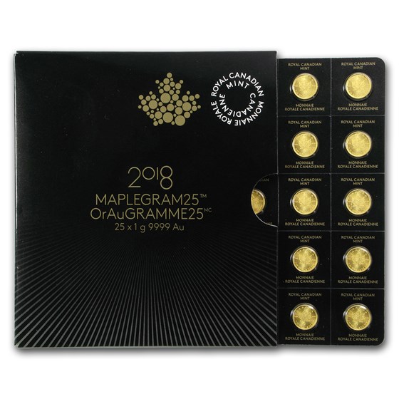 2018 25x 1 gram Gold Maple Leafs Maplegram25™ (In Assay Sleeve) 2018 25x 1 gram Gold Maple Leafs Maplegram25™ (In Assay Sleeve)